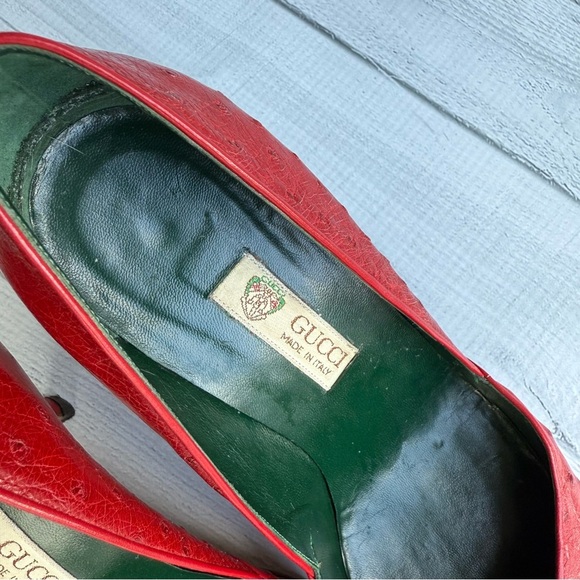 Vintage 80s Gucci Red Ostrich Leather Heel Pumps Size 36.5/6.5 - Picture 4 of 10